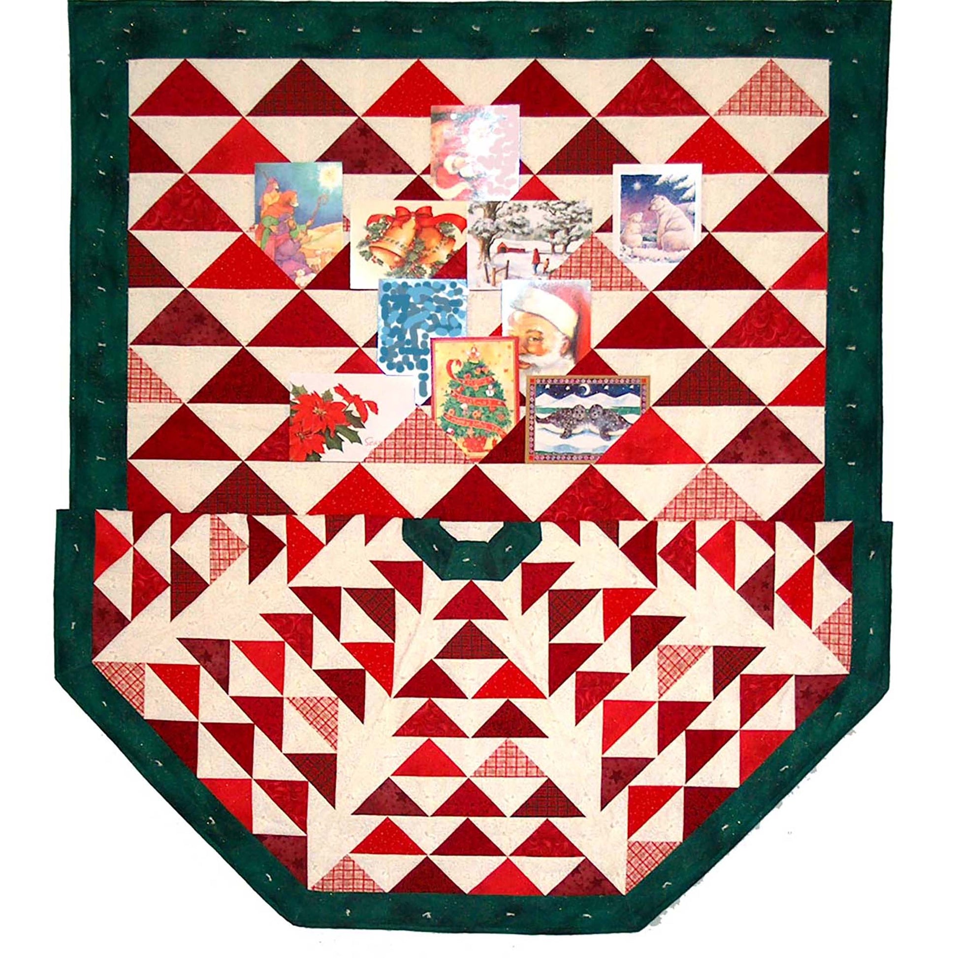 Split image shows two items. Top is a card holder with triangles of red with a green border and a few cards stuffed in the sides of the triangles. The bottom is a similar styled tree skirt with triangles in red (that could have been green and look more like Christmas trees) with green border. Both have a cream or tan background color.