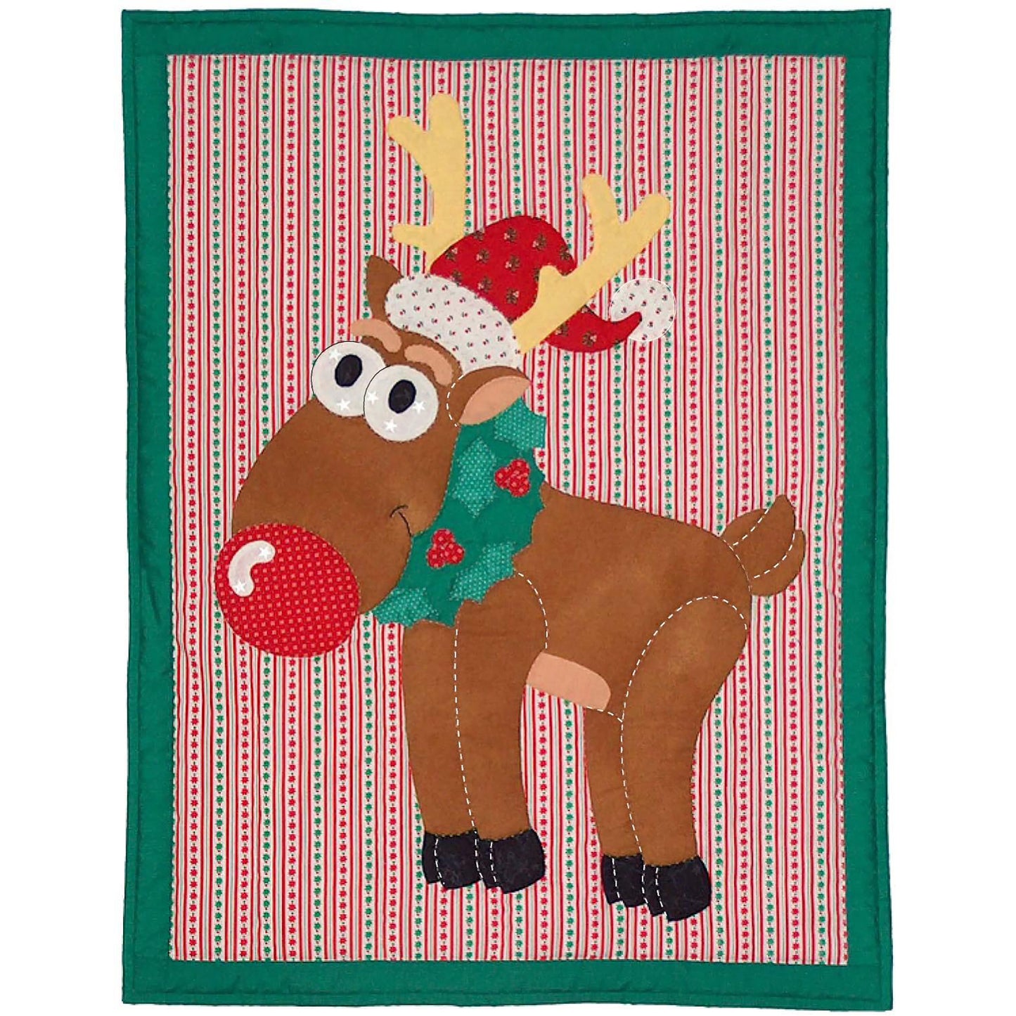 Cute Christmas wall quilt features Rudolph the red-nosed reindeer with Santa hat and wreath around his neck.