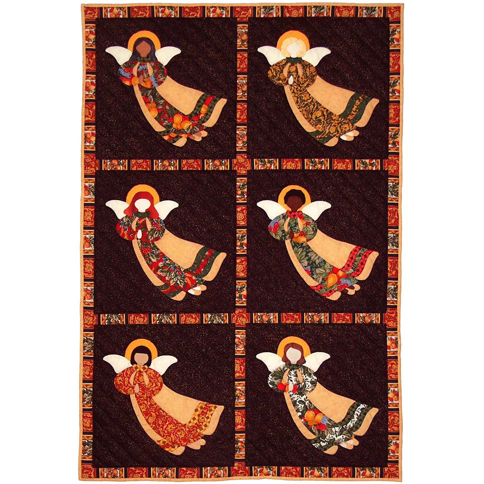 Quilt with six angels with halos and different outfits, hair and skin colors. Dark brown background color with brown, red, green, and yellow.