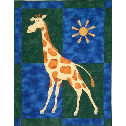 Adorable giraffe quilt features a sweet and tall giraffe on a background of blue and green blocks and includes a sun in the sky. All your giraffe and safari friends and family will love it.