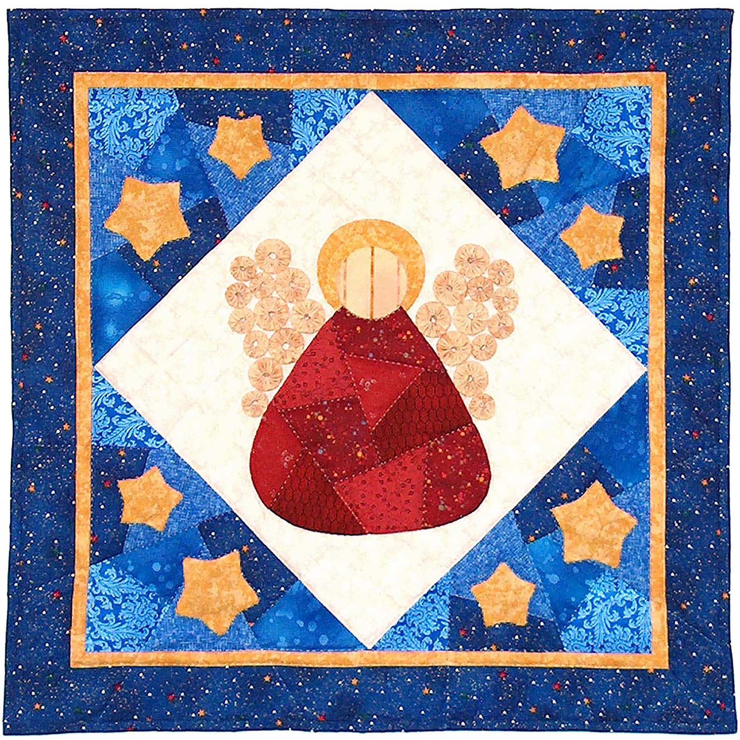 Patchworked quilt features an angel with scrappy body in red and yo-yo wings. She's sitting inside a white diamond. Outside is a patchy blue sky with yellow stars.