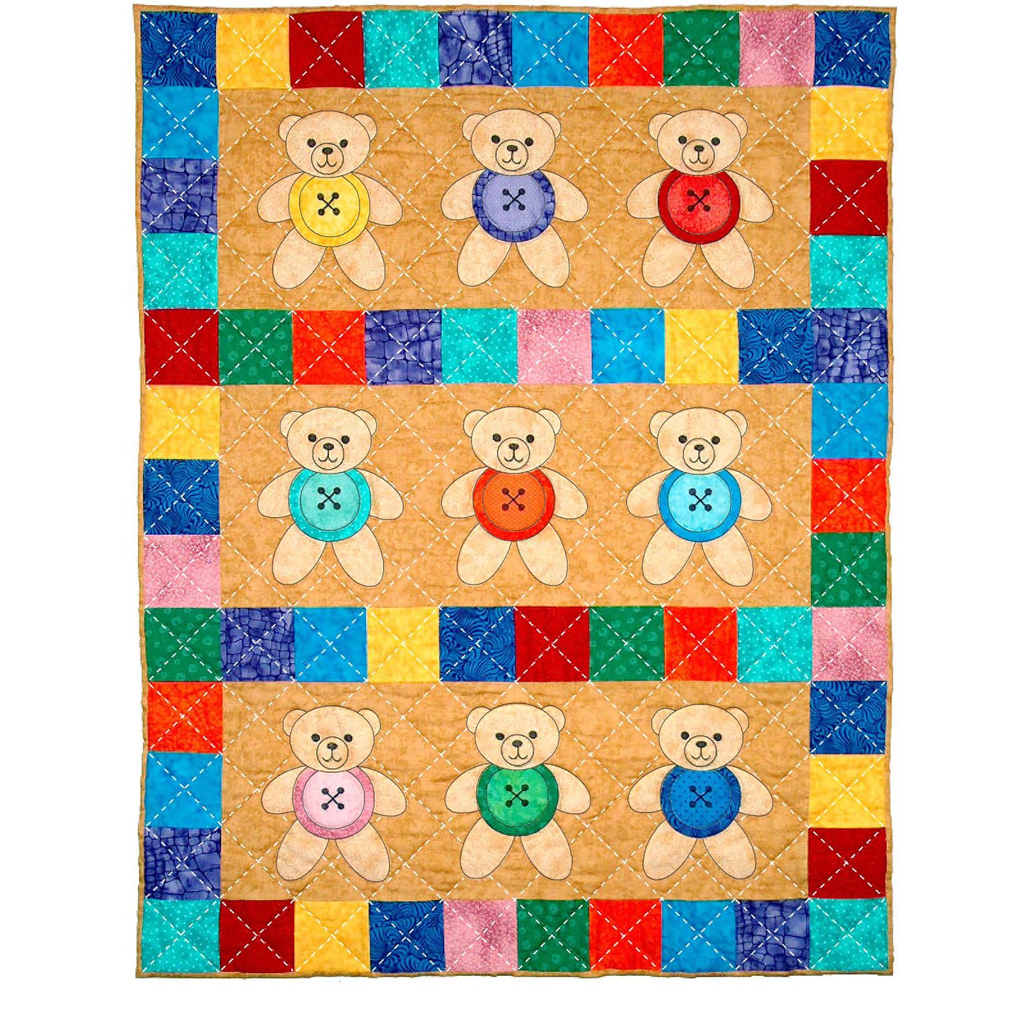 Adorable and bright quilt features cute teddy bears in a row with colorful buttons as their main body. Finished off with bright patch-worked border.