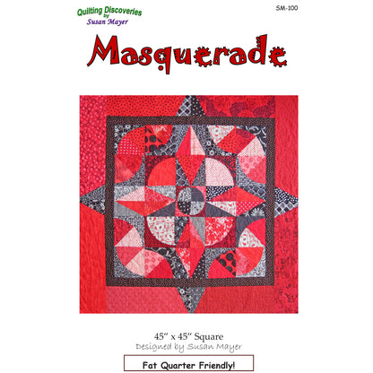 Quilt pattern cover titled 'Masquerade' with a red and gray star design on a white background.