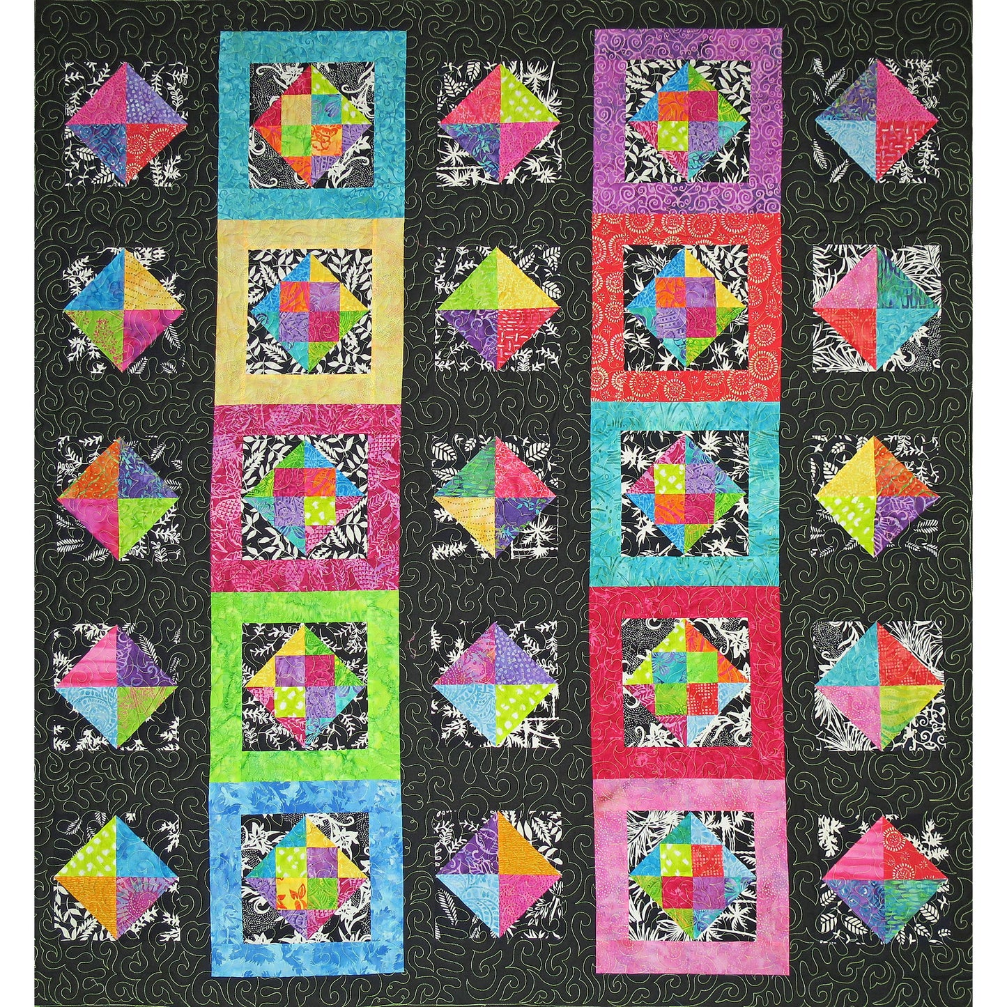 Fun black and white and colorful quilt features rows of blocks some with black borders and others with bright colored borders. Each block includes a colorful square some in four pieces and others with more. 