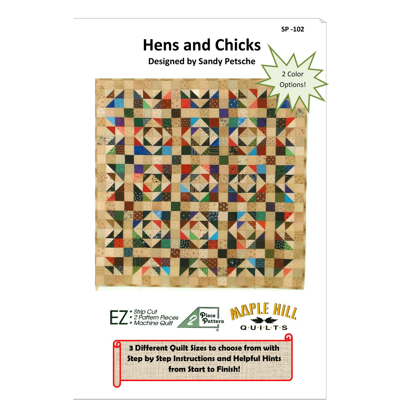 Quilt pattern book cover titled 'Hens and Chicks' by Sandy Petsche with colorful quilt design on a white background.