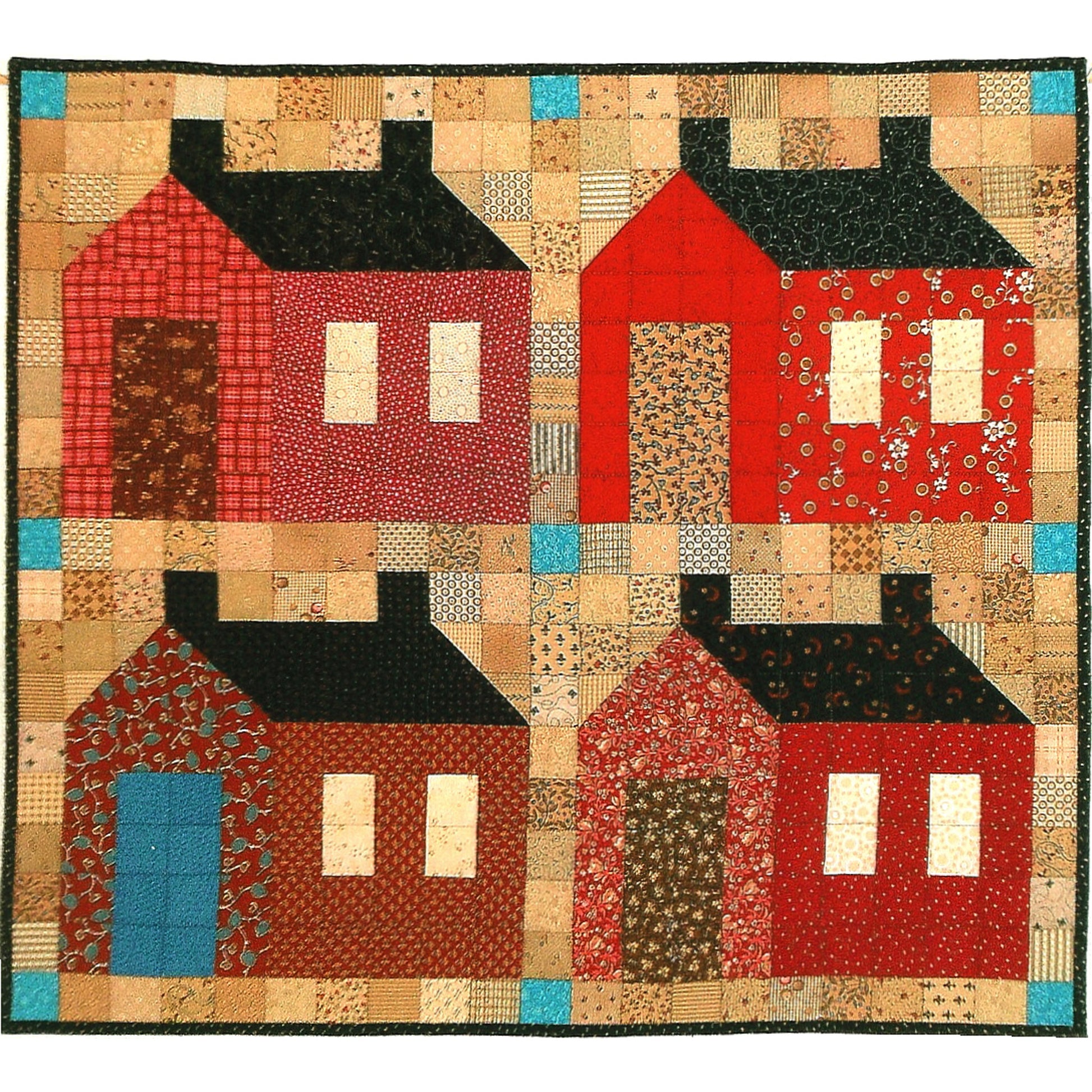 Patchwork quilt with red and black house design on a beige background