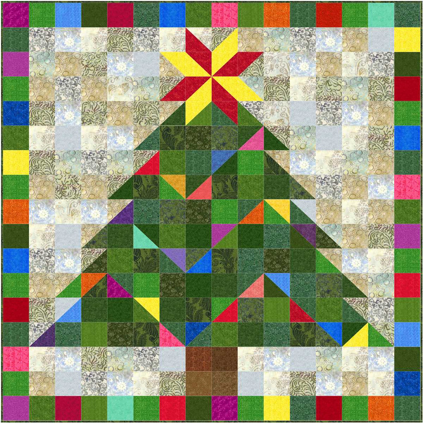 Beautiful Christmas tree quilt with colorful triangles of color and colorful block border.
