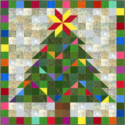 Beautiful Christmas tree quilt with colorful triangles of color and colorful block border.