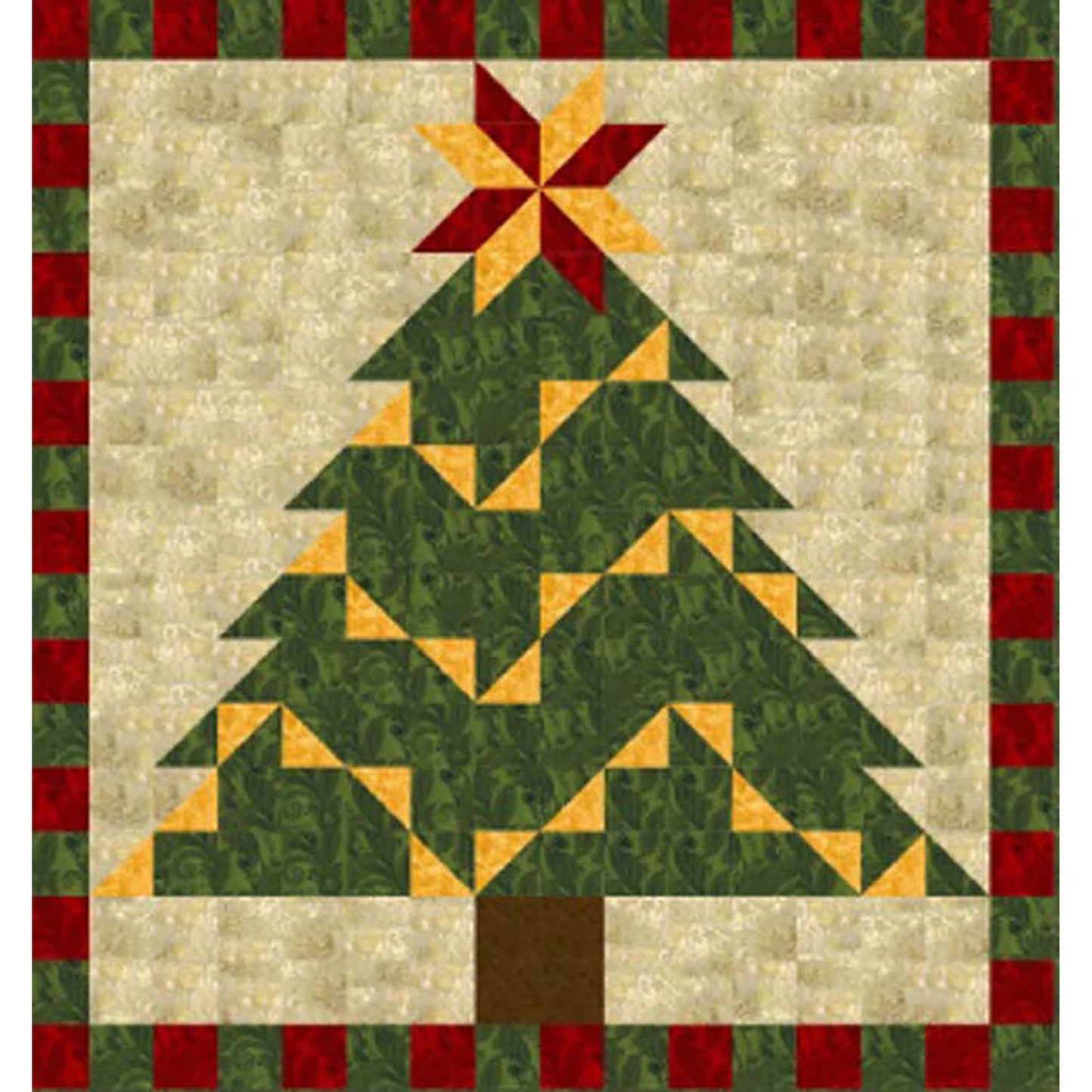 Beautiful Christmas tree quilt with yellow triangles of color like a garland and red and green block border.