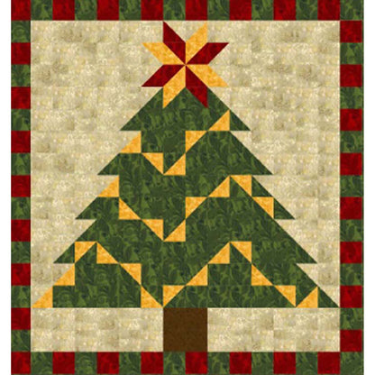 Beautiful Christmas tree quilt with yellow triangles of color like a garland and red and green block border.
