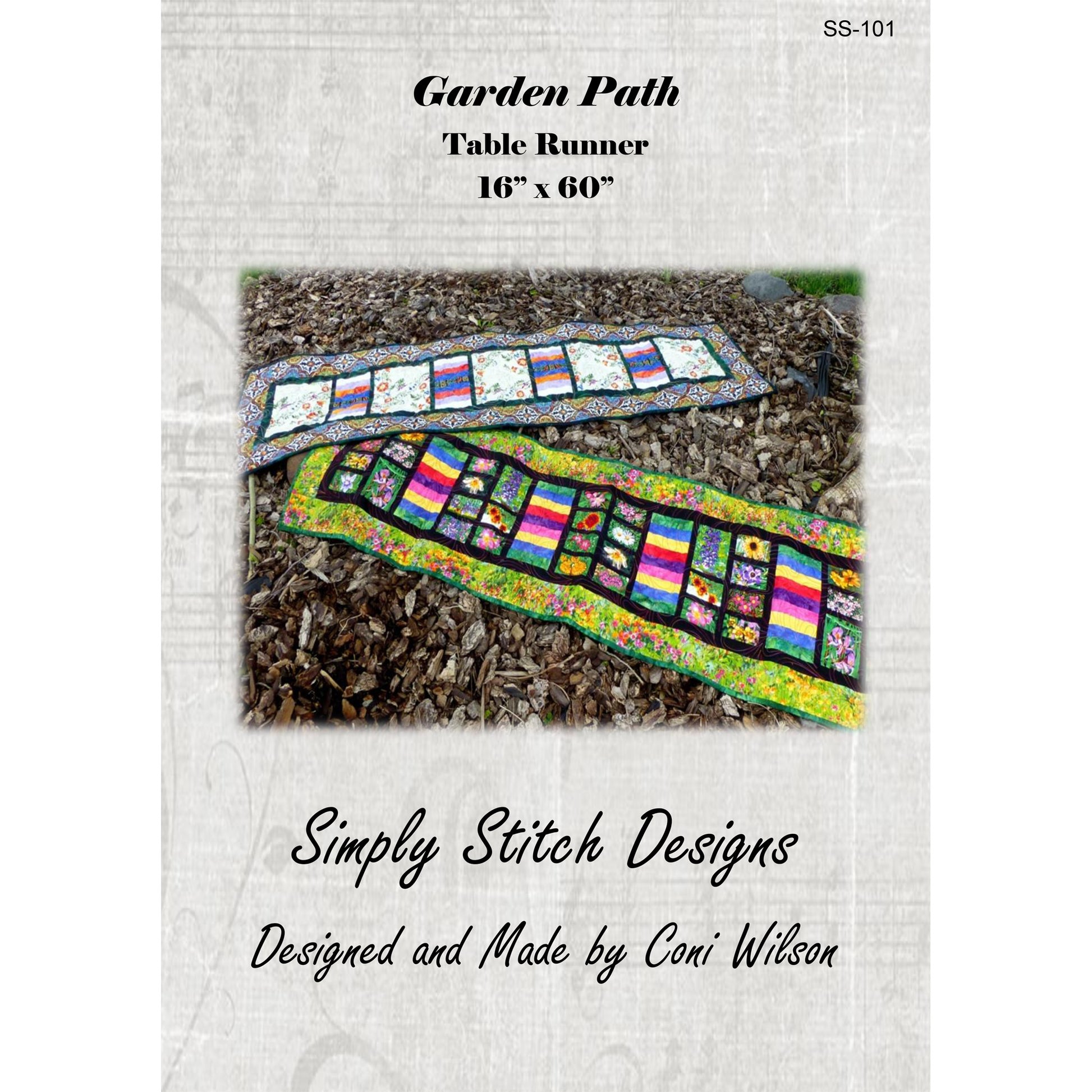 Garden Path table runner pattern by Simply Stitch Designs on a white background