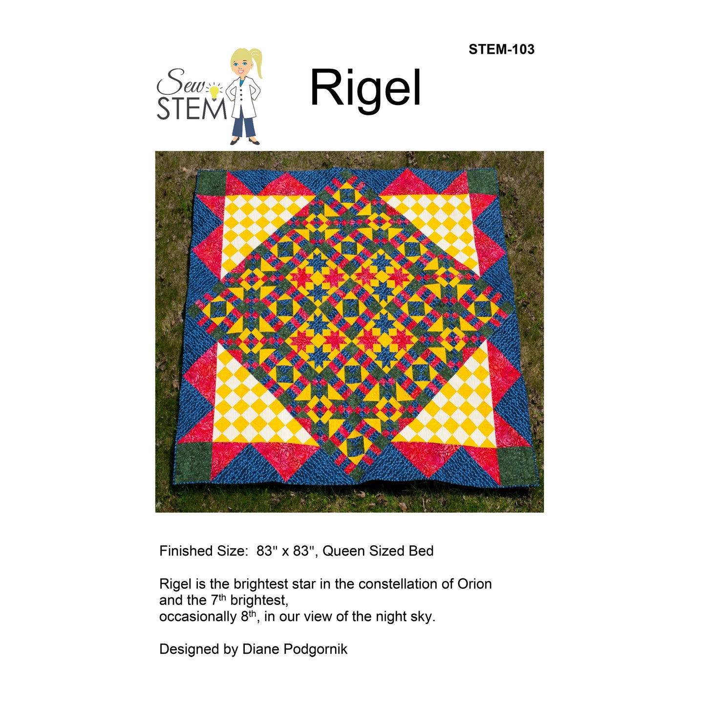 Colorful quilt with geometric pattern on a white background, featuring the brand 'Sew STEM' and product name 'Rigel'.