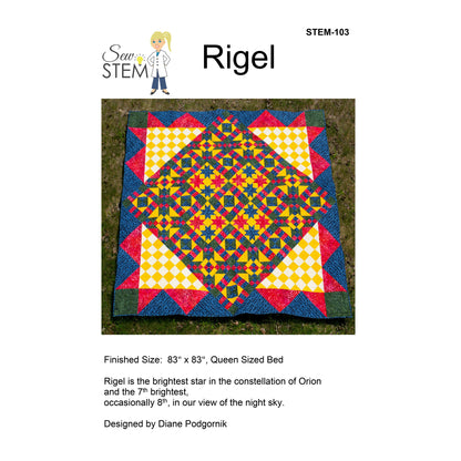 Colorful quilt with geometric pattern on a white background, featuring the brand 'Sew STEM' and product name 'Rigel'.