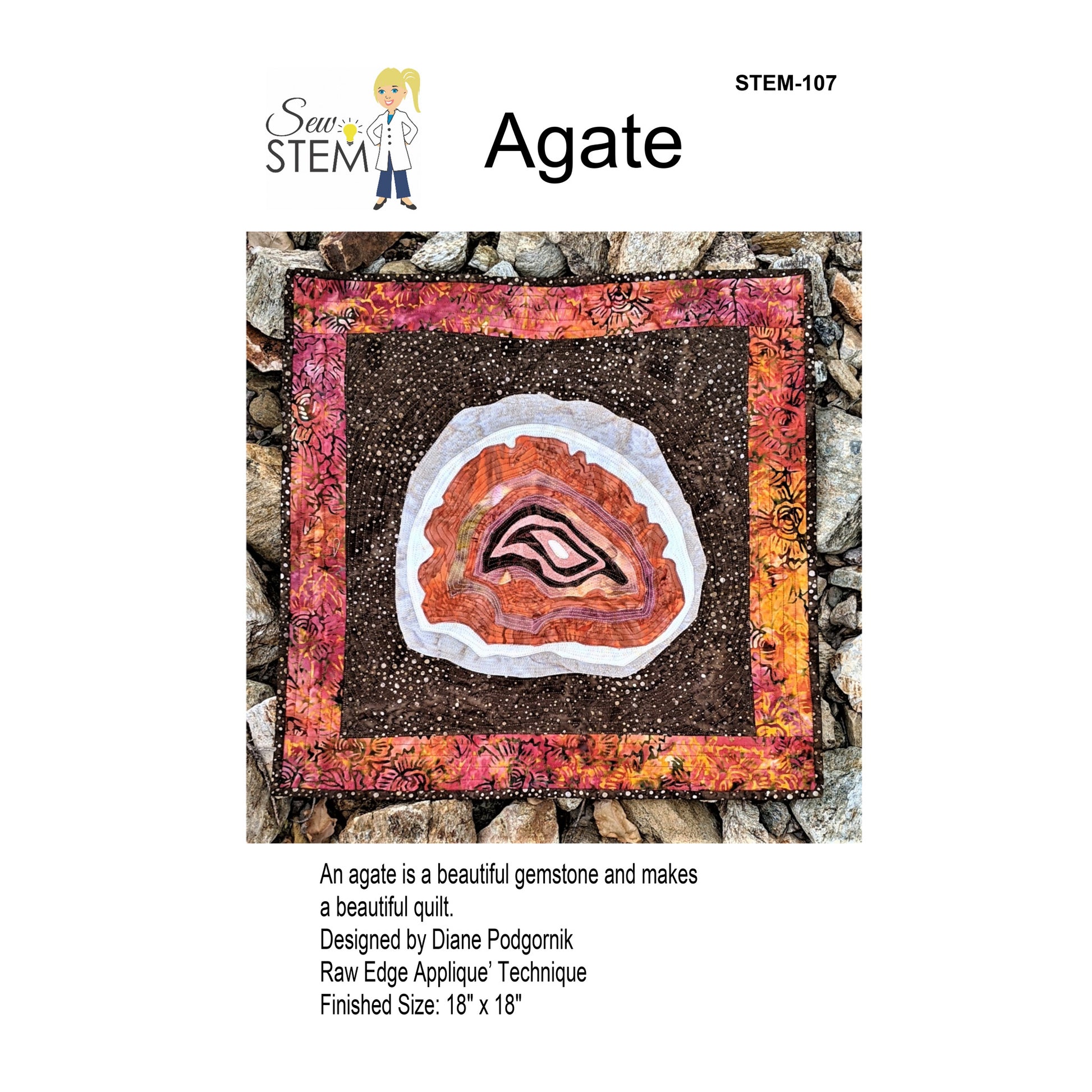 Quilt pattern cover for 'Agate' by Sew Stem, featuring a colorful agate design on a white background.