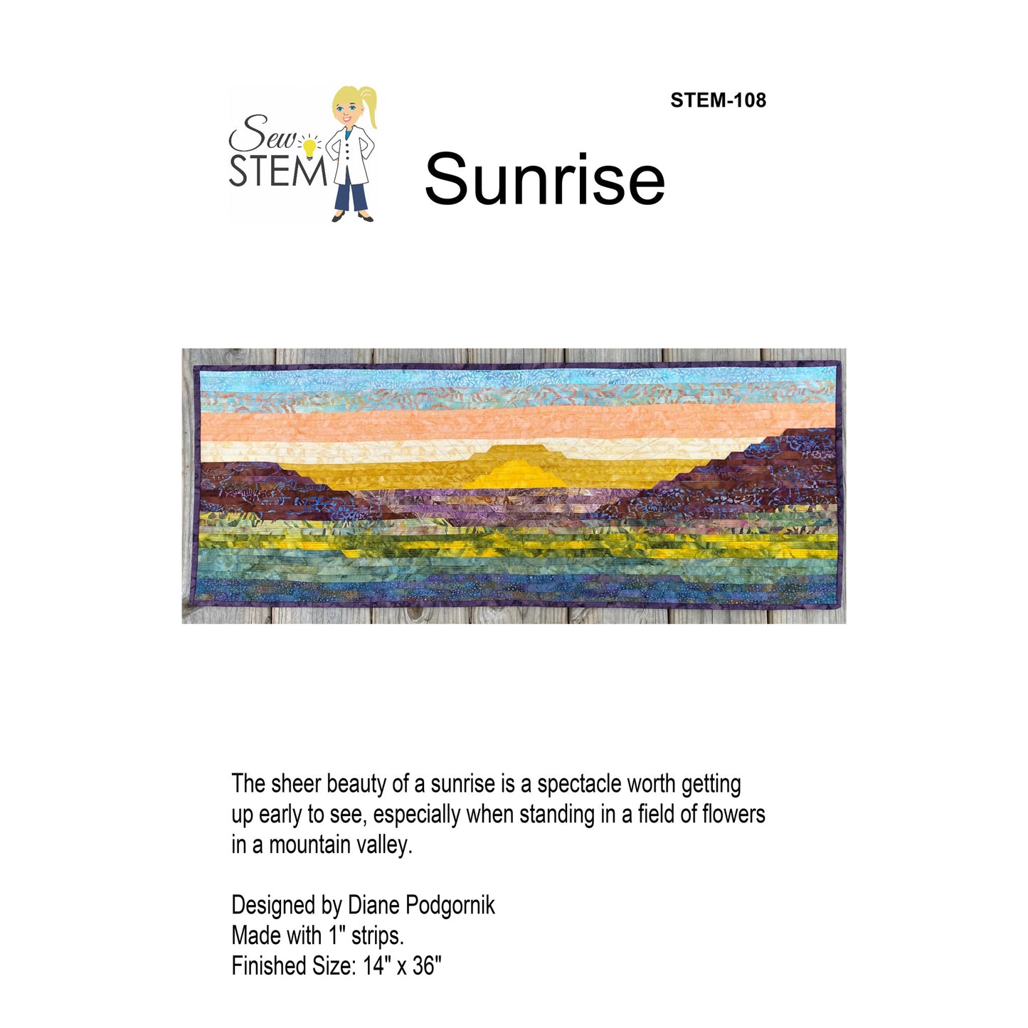 Sunrise-themed quilt with mountains and landscape design on a white background, featuring the brand 'Sew STEM'.