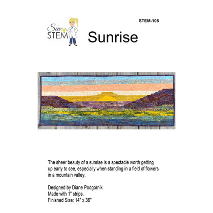 Sunrise-themed quilt with mountains and landscape design on a white background, featuring the brand 'Sew STEM'.
