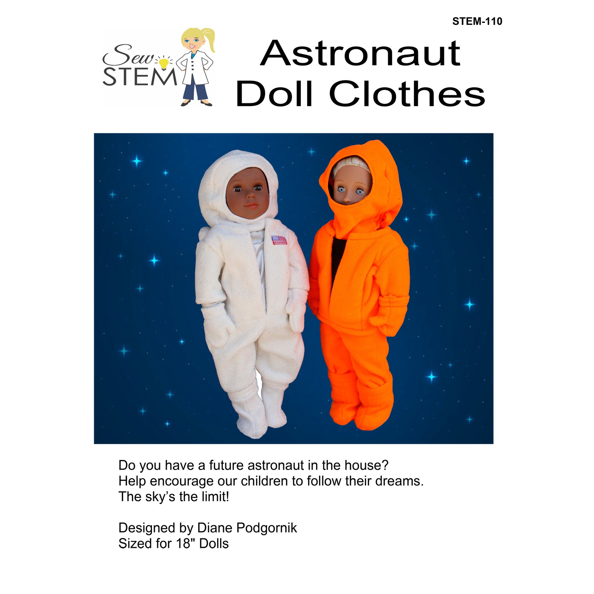 Astronaut doll clothes pattern for 18-inch dolls with a blue starry background, featuring two dolls in white and orange spacesuits.