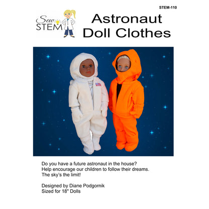 Astronaut doll clothes pattern for 18-inch dolls with a blue starry background, featuring two dolls in white and orange spacesuits.