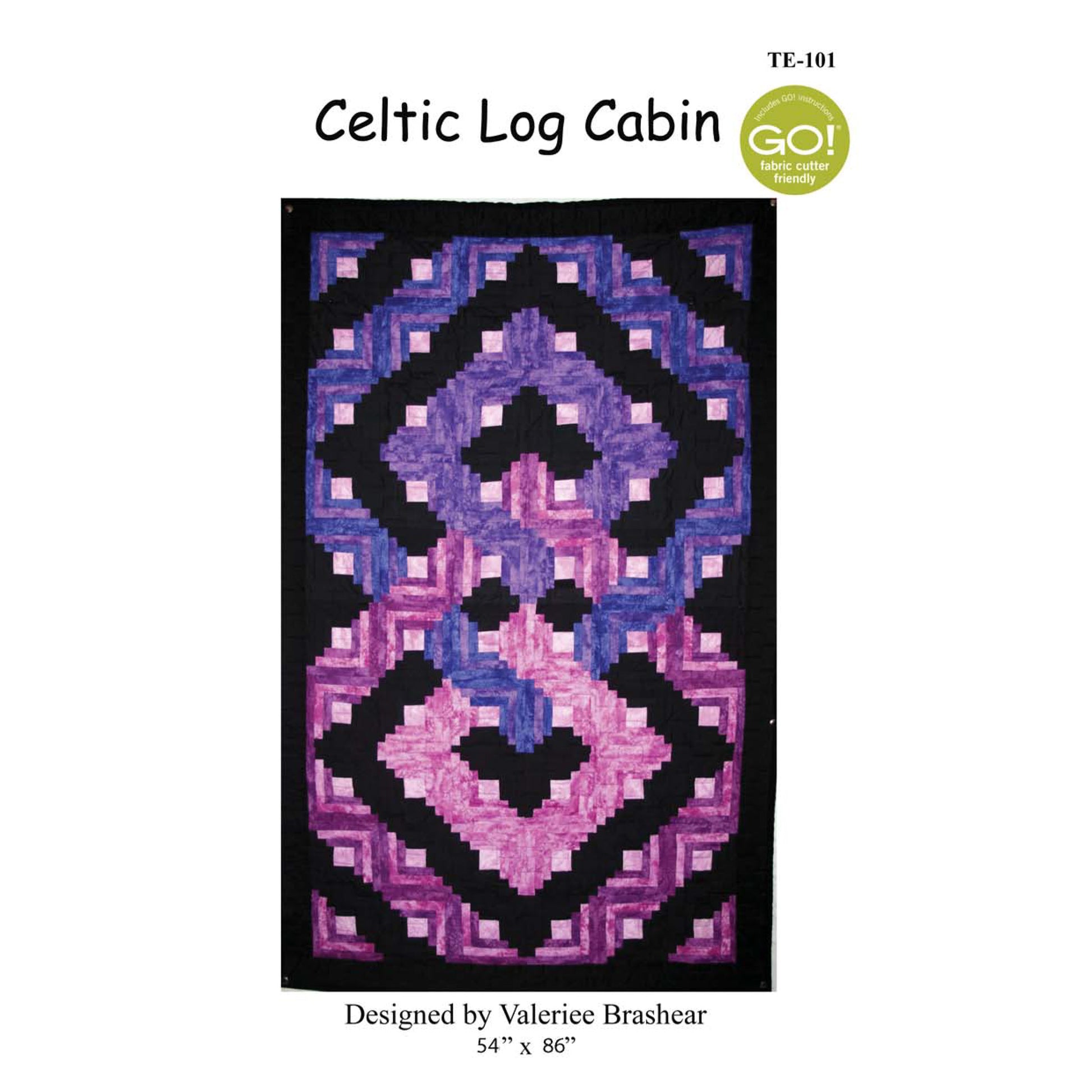 Quilt pattern packaging for 'Celtic Log Cabin' by Valeriee Brashear with purple and pink design on a white background.