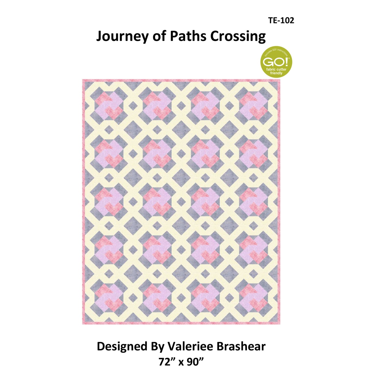 Quilt pattern cover titled 'Journey of Paths Crossing' by Valerie Brashear with geometric floral design.