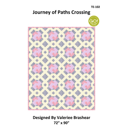 Quilt pattern cover titled 'Journey of Paths Crossing' by Valerie Brashear with geometric floral design.