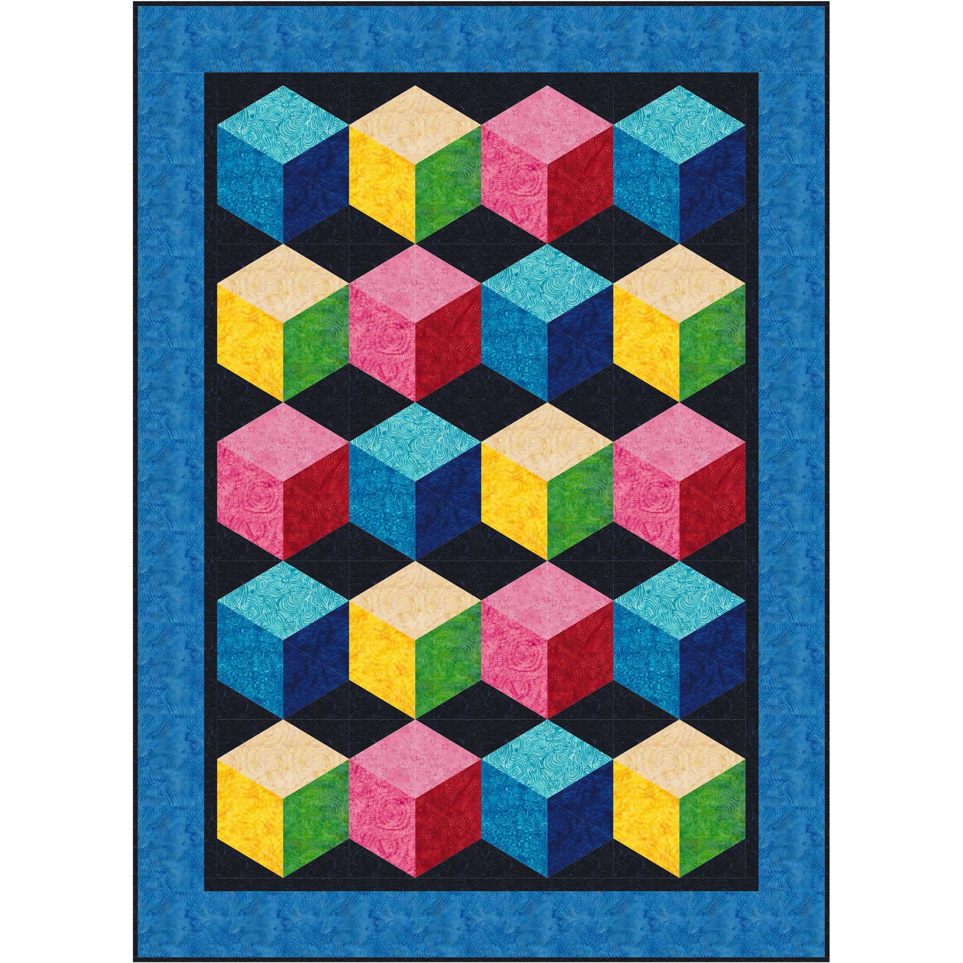 Colorful geometric quilt called Urban Cubes by Toby Liscko of Gateway Quilts with cube pattern on a blue background