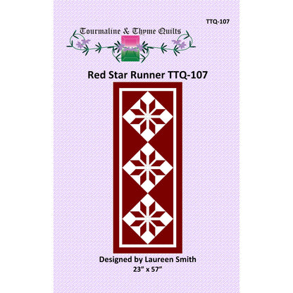 Quilt pattern book cover for 'Red Star Runner TTQ-107' by Tourmaline & Thyme Quilts on a light purple background.
