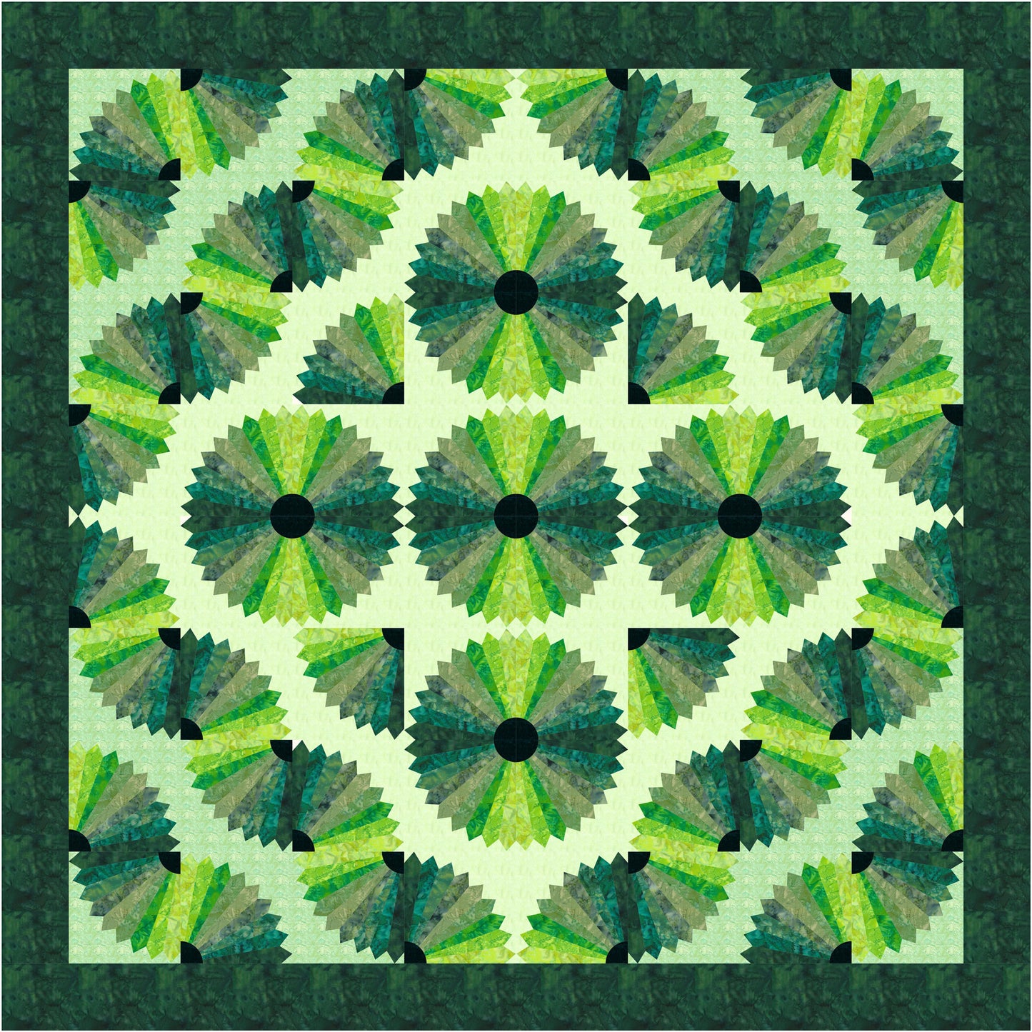 Quilt featuring a green and black geometric pattern on a green background