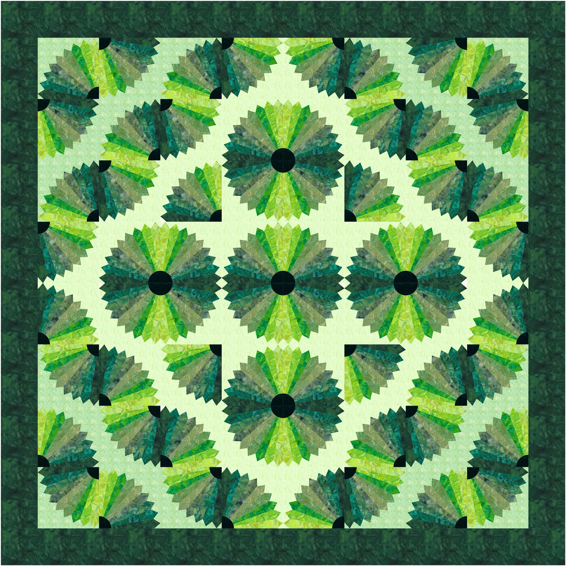 Quilt featuring a green and black geometric pattern on a green background