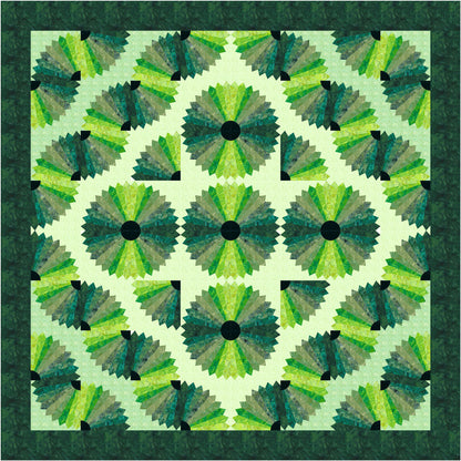 Quilt featuring a green and black geometric pattern on a green background