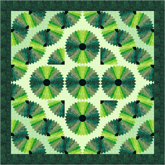 Quilt featuring a green and black geometric pattern on a green background
