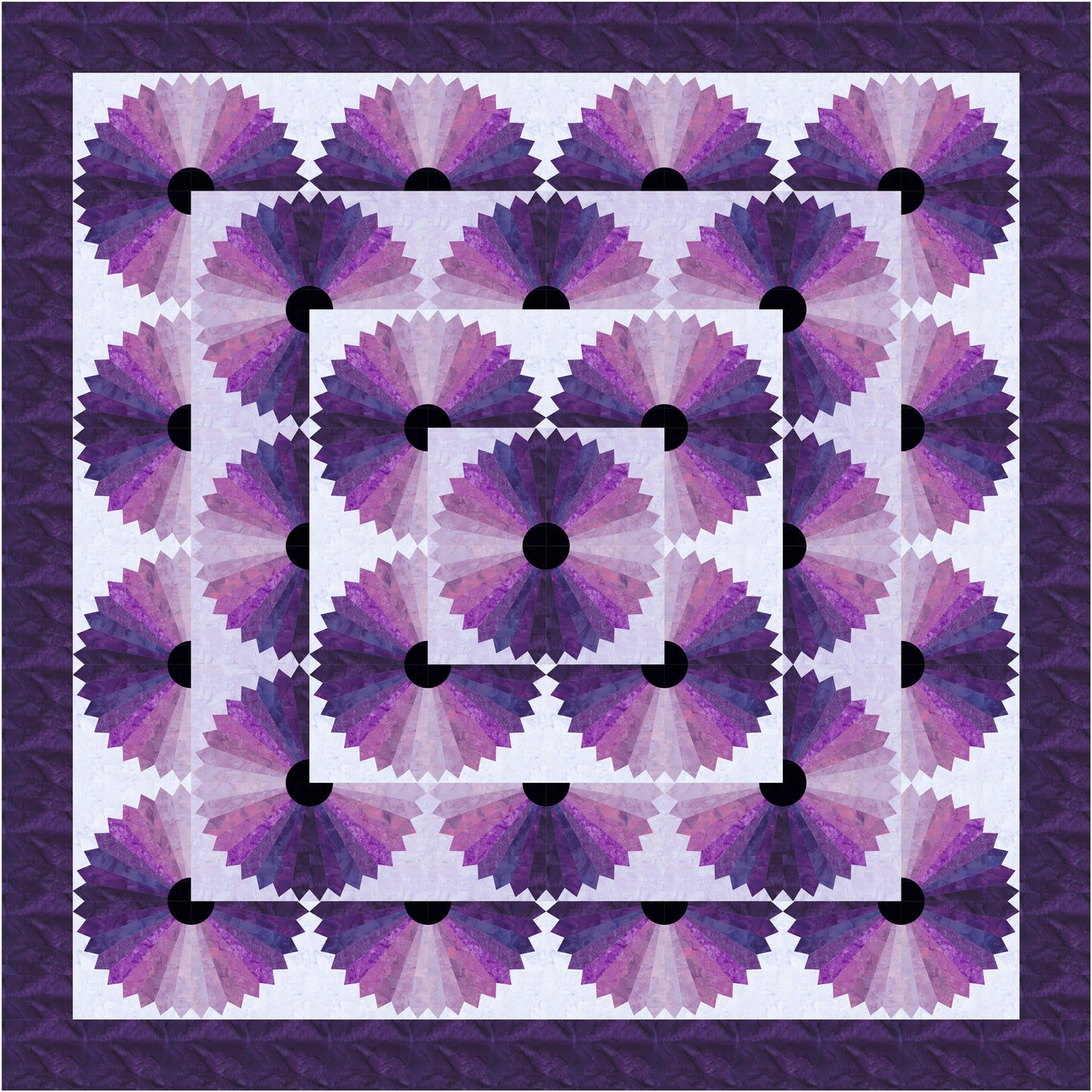 Quilt with a geometric purple and black pattern on a white background