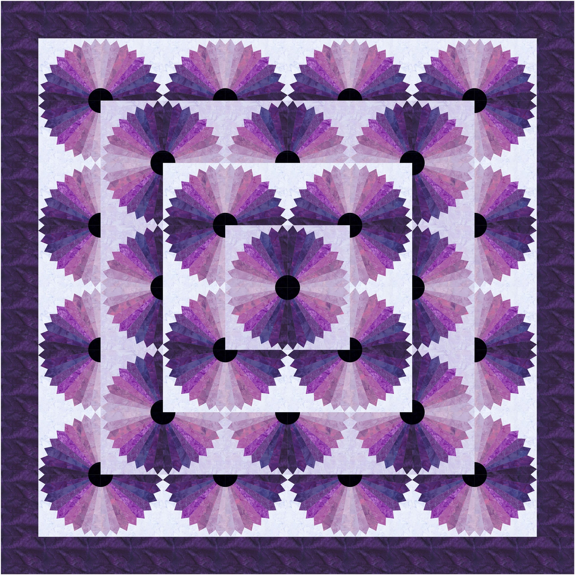 Quilt with a geometric purple and black pattern on a white background