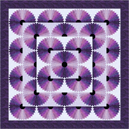 Quilt with a geometric purple and black pattern on a white background