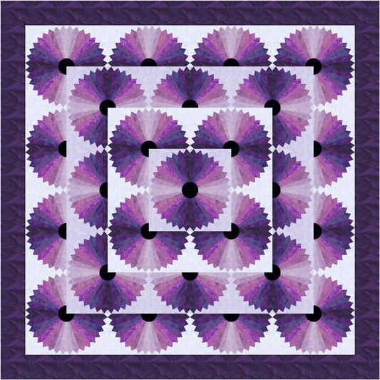 Quilt with a geometric purple and black pattern on a white background