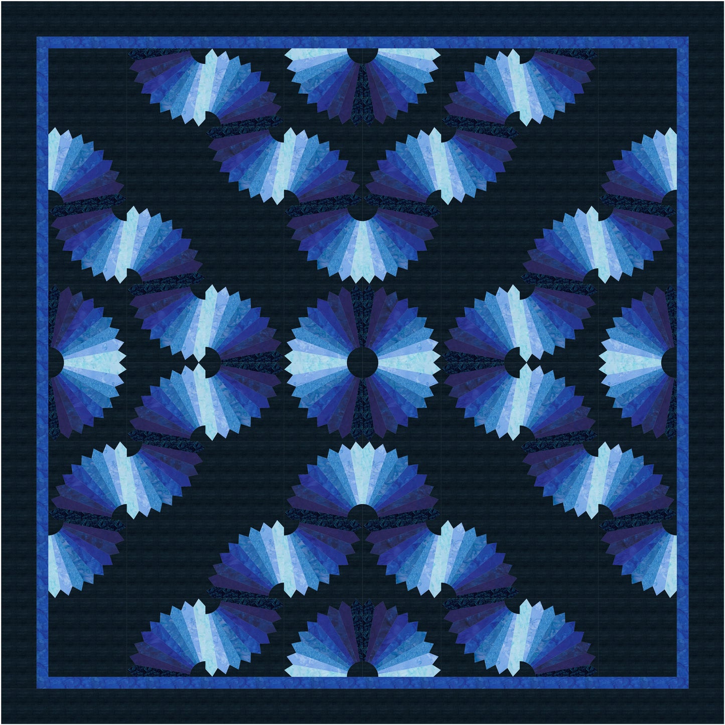 Blue dresden plate quilt pattern on a black background