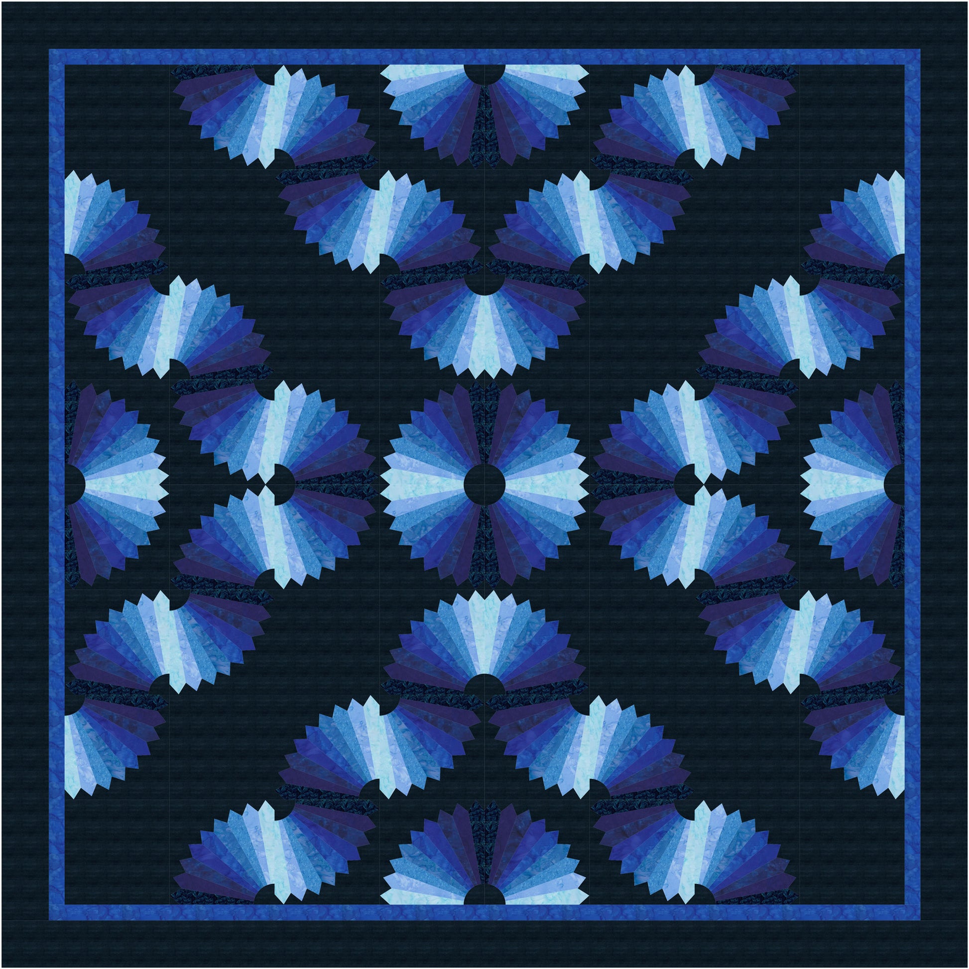 Blue dresden plate quilt pattern on a black background