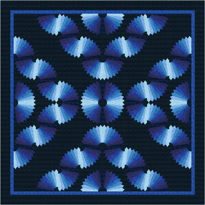 Blue dresden plate quilt pattern on a black background