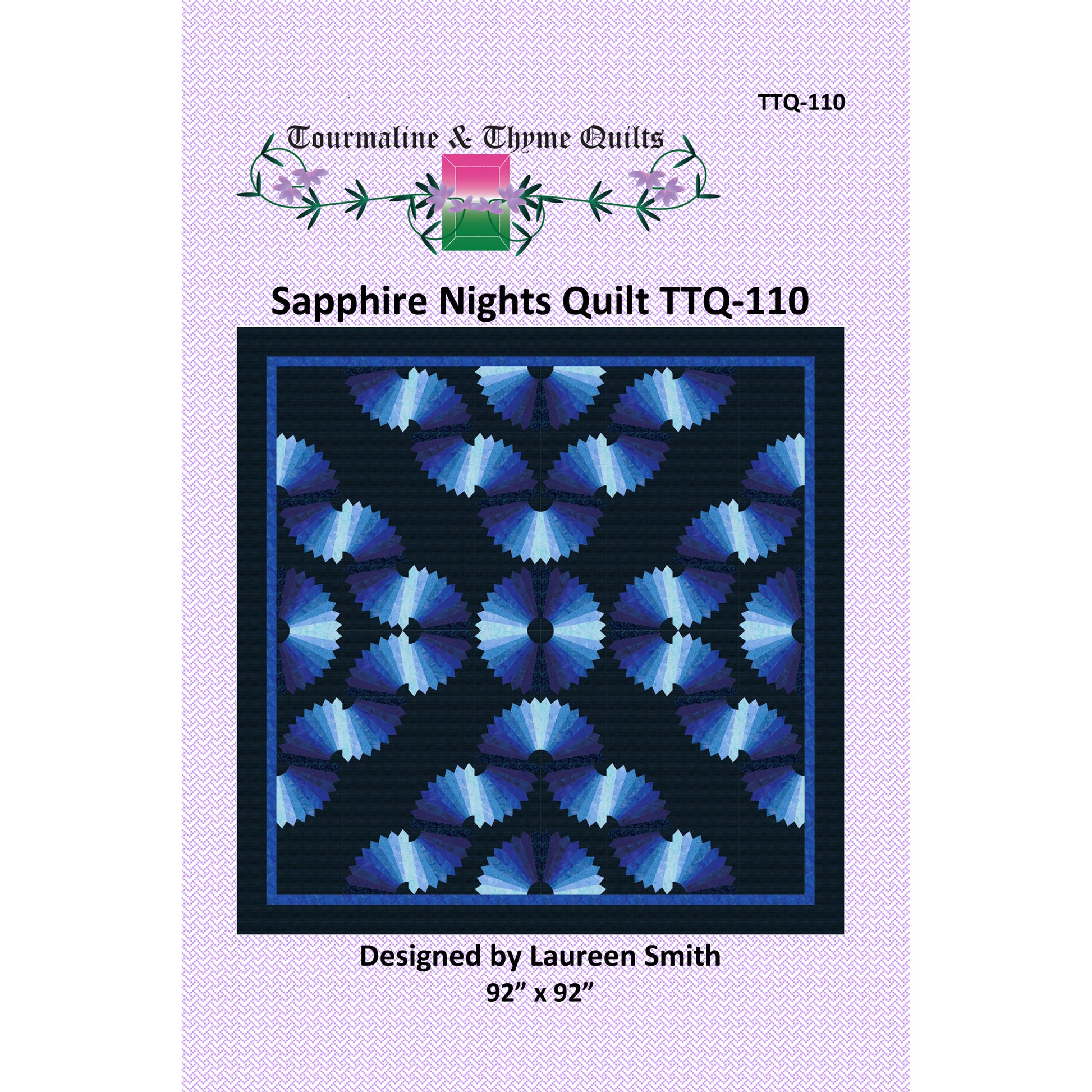 Quilt pattern packaging for 'Sapphire Nights' quilt by Tourmaline & Thyme Quilts with blue geometric design on a purple background.