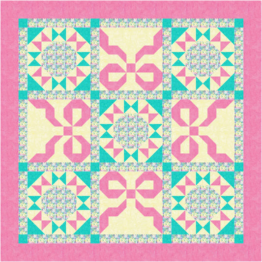 Quilt with pink and teal geometric pattern on a pink border