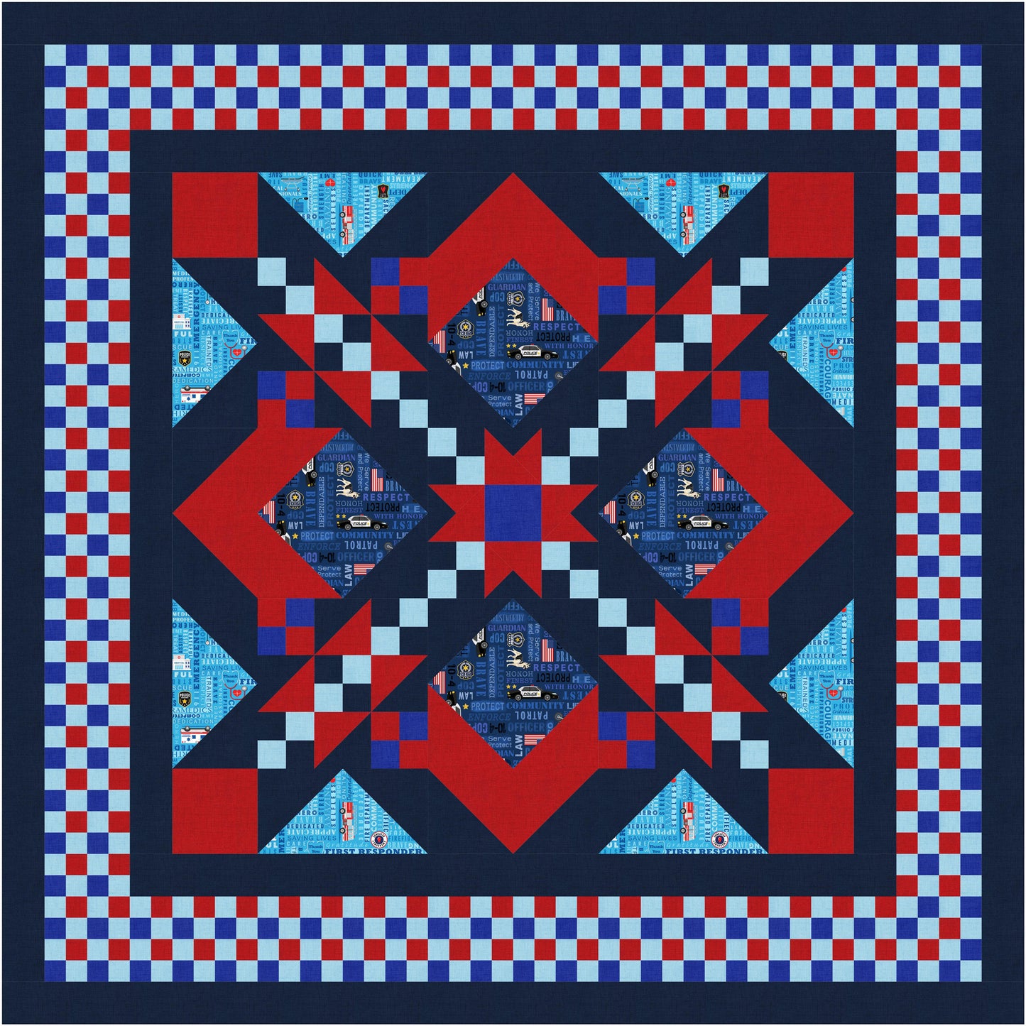 Quilt with red, blue, and white geometric pattern