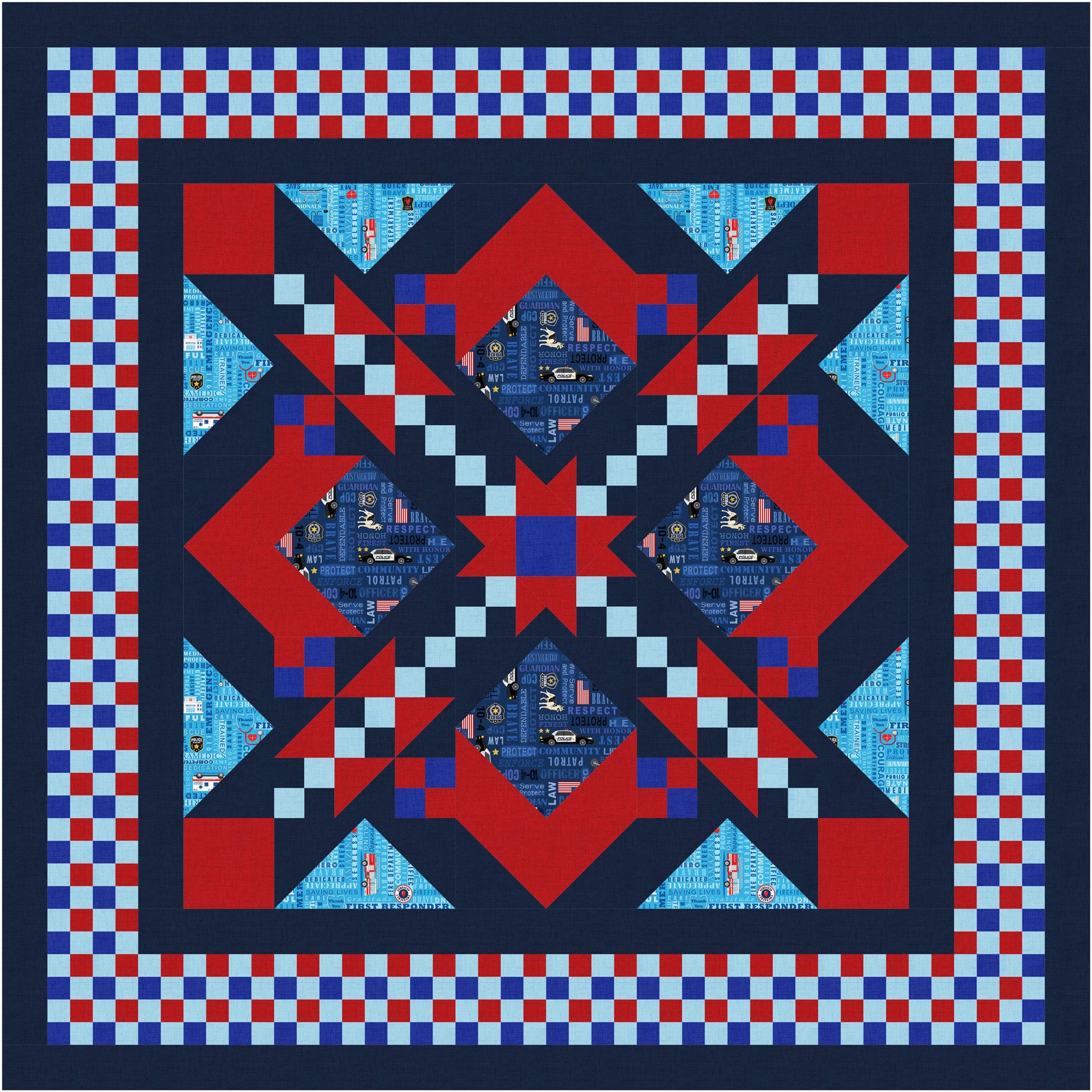 Quilt with red, blue, and white geometric pattern