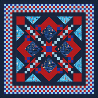 Quilt with red, blue, and white geometric pattern