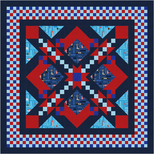 Quilt with red, blue, and white geometric pattern