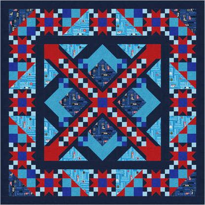 Quilt with geometric pattern in red, blue, and white on a dark background