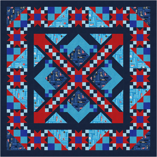 Quilt with geometric pattern in red, blue, and white on a dark background