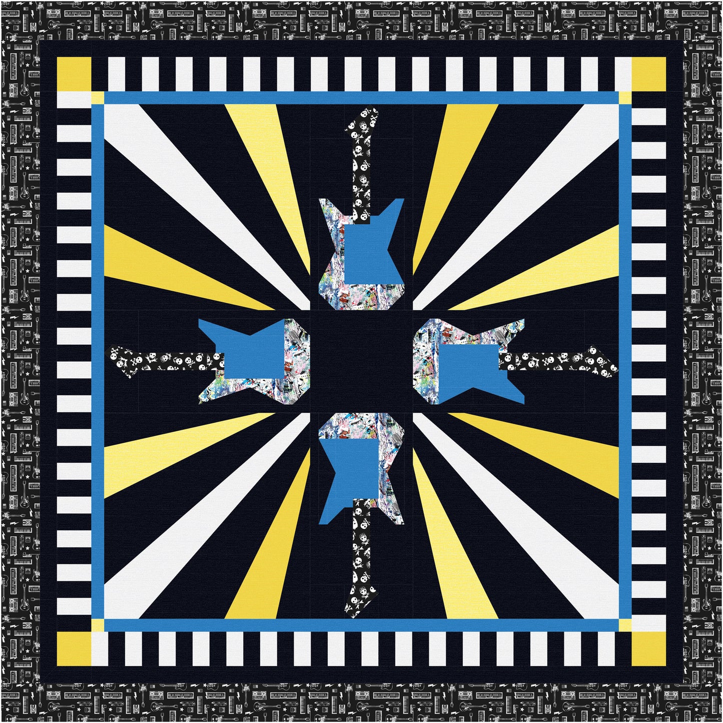 Decorative quilt with guitar design and colorful rays on a striped background