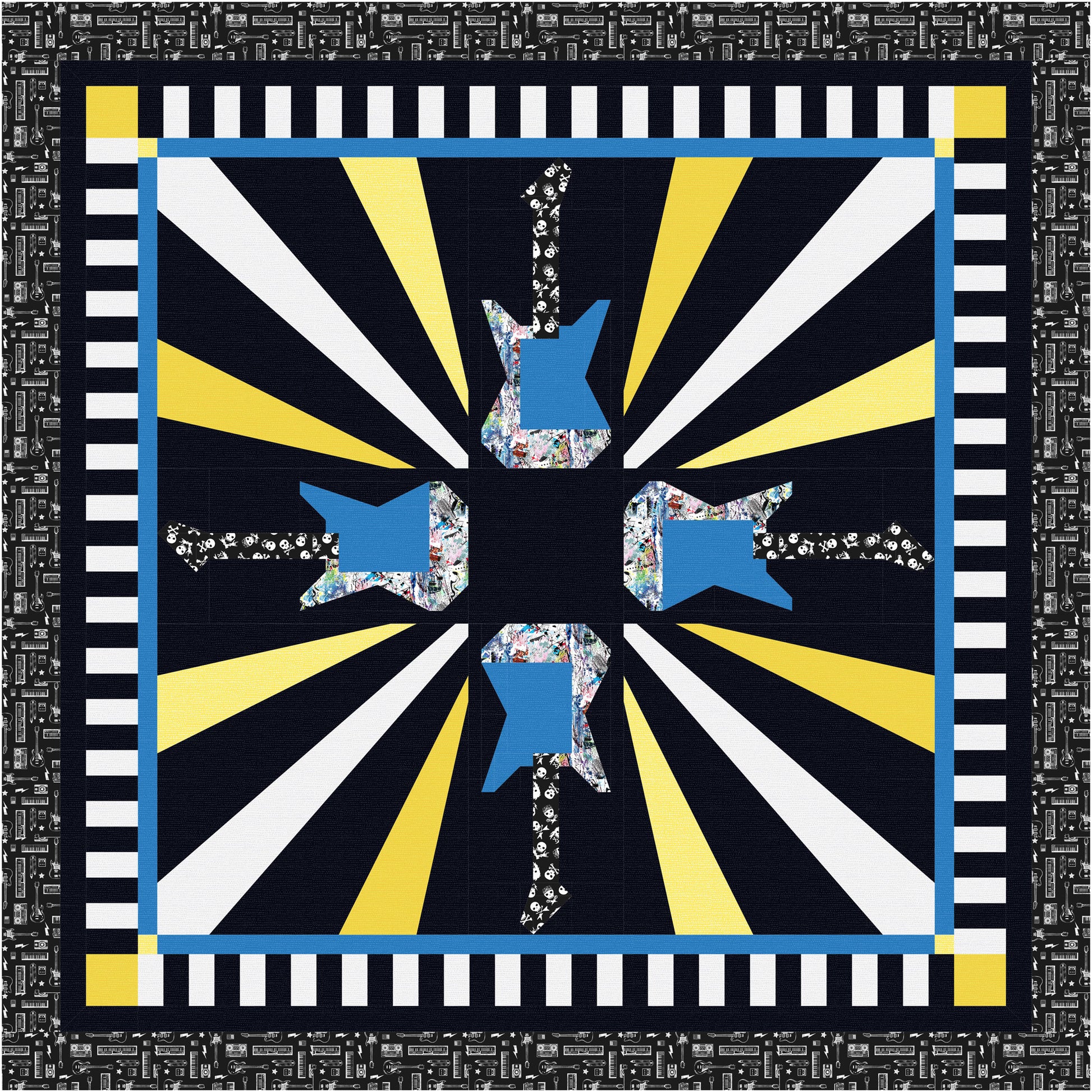 Decorative quilt with guitar design and colorful rays on a striped background