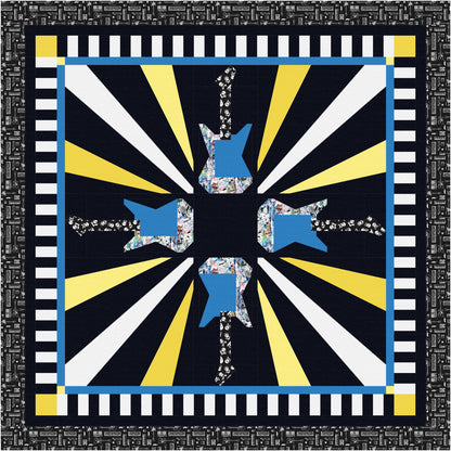 Decorative quilt with guitar design and colorful rays on a striped background