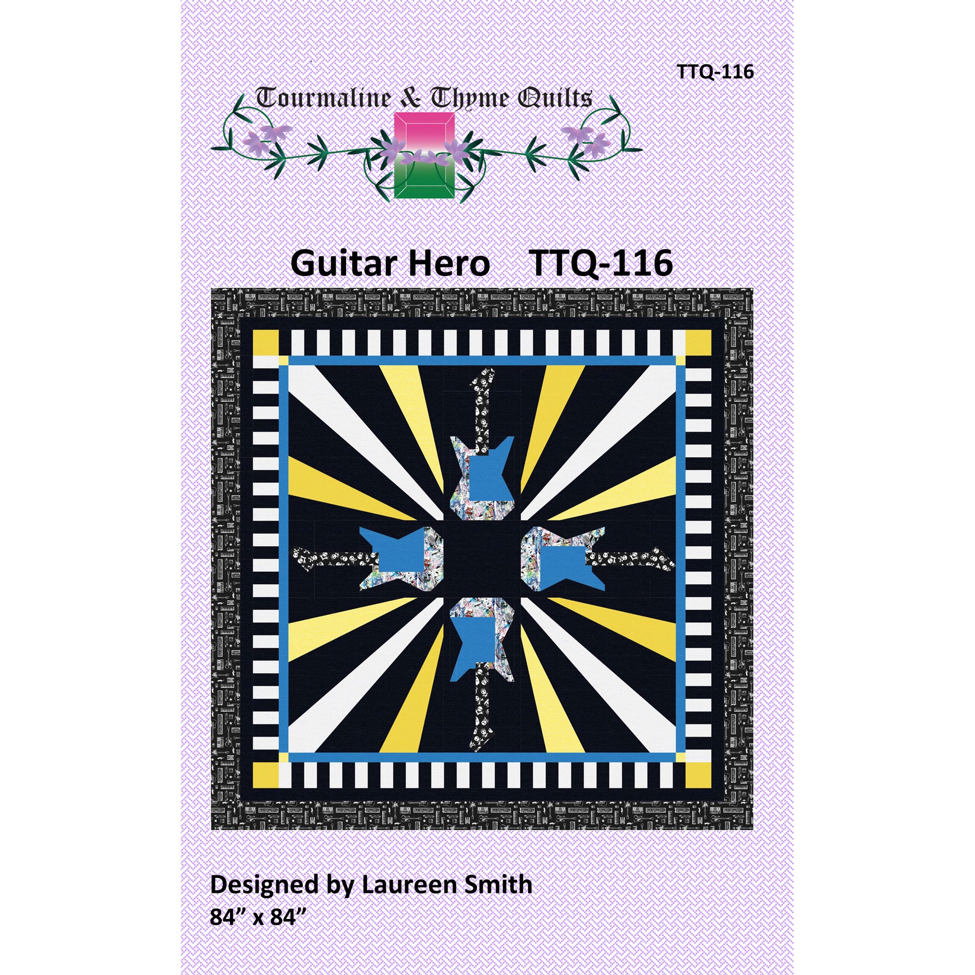 Quilt pattern cover for 'Guitar Hero' by Tourmaline & Thyme Quilts with a colorful design on a purple background.